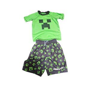 Boys Minecraft Swimsuit Swim Trunks Rash Guard Set Shorts Shirt Creeper Medium